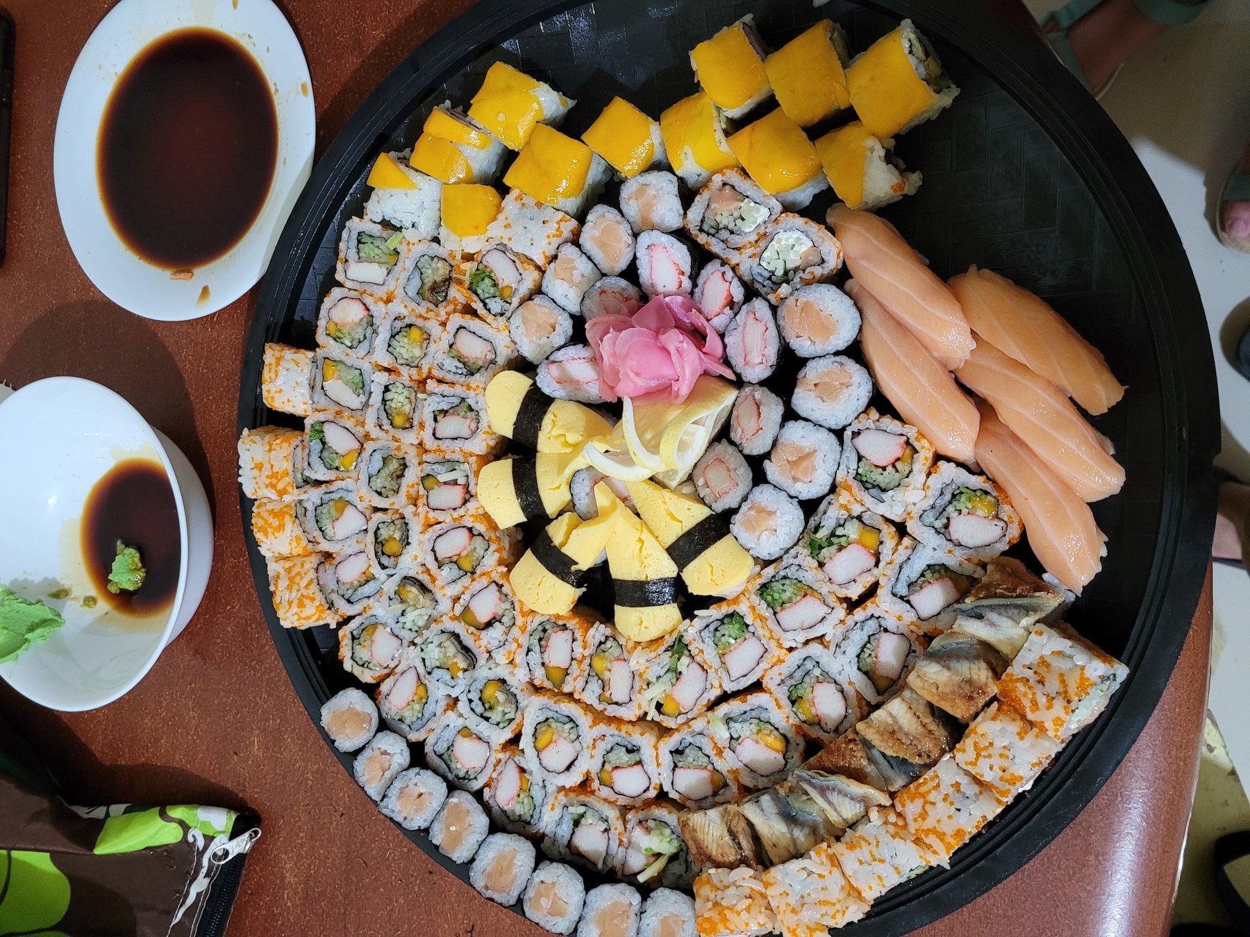 A carefully balanced tower of sushi